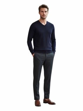 Brax Feel Good Navy Blue 100% Merino Wool V-Neck Sweater Size XL Elbow Patches